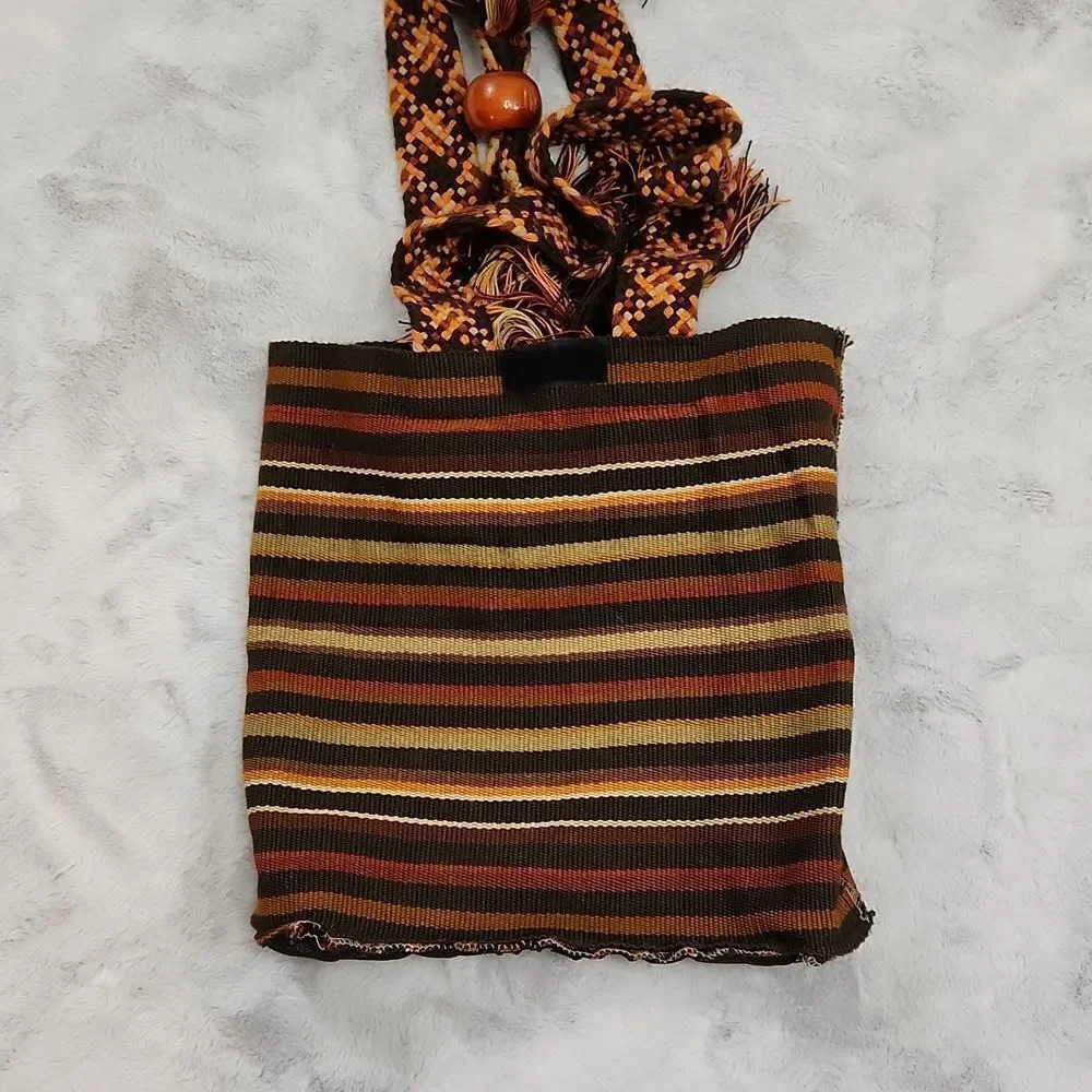 Handwoven Boho Woven Bucket Crossbody Bag Tribal Stripe Wood Bead Tassels - Picture 8 of 10